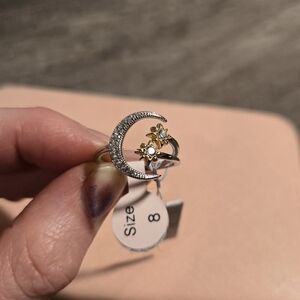 Silver and Gold Crescent Moon Ring Sterling Silver Size 8